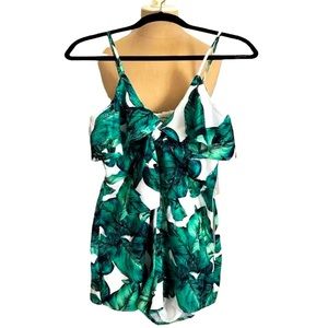 A. Peach palm leaf print romper